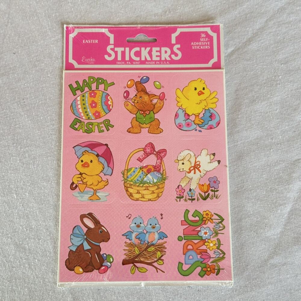 Vintage 80s Eureka Easter Stickers Bunny Duck Lamb Easter Basket Spring Pink NOS